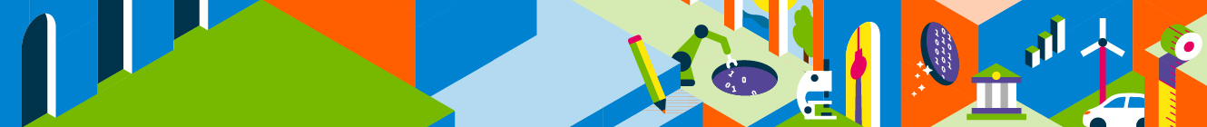 Farbenfrohe, stilisierte Illustration mit Symbolen aus Wissenschaft, Technik, Wirtschaft und Gestaltung, die verschiedene Studienbereiche repräsentieren